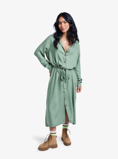 Island Escape Solid - Collared Long Sleeve Button Front Midi Dress for Women  ERJWD03922